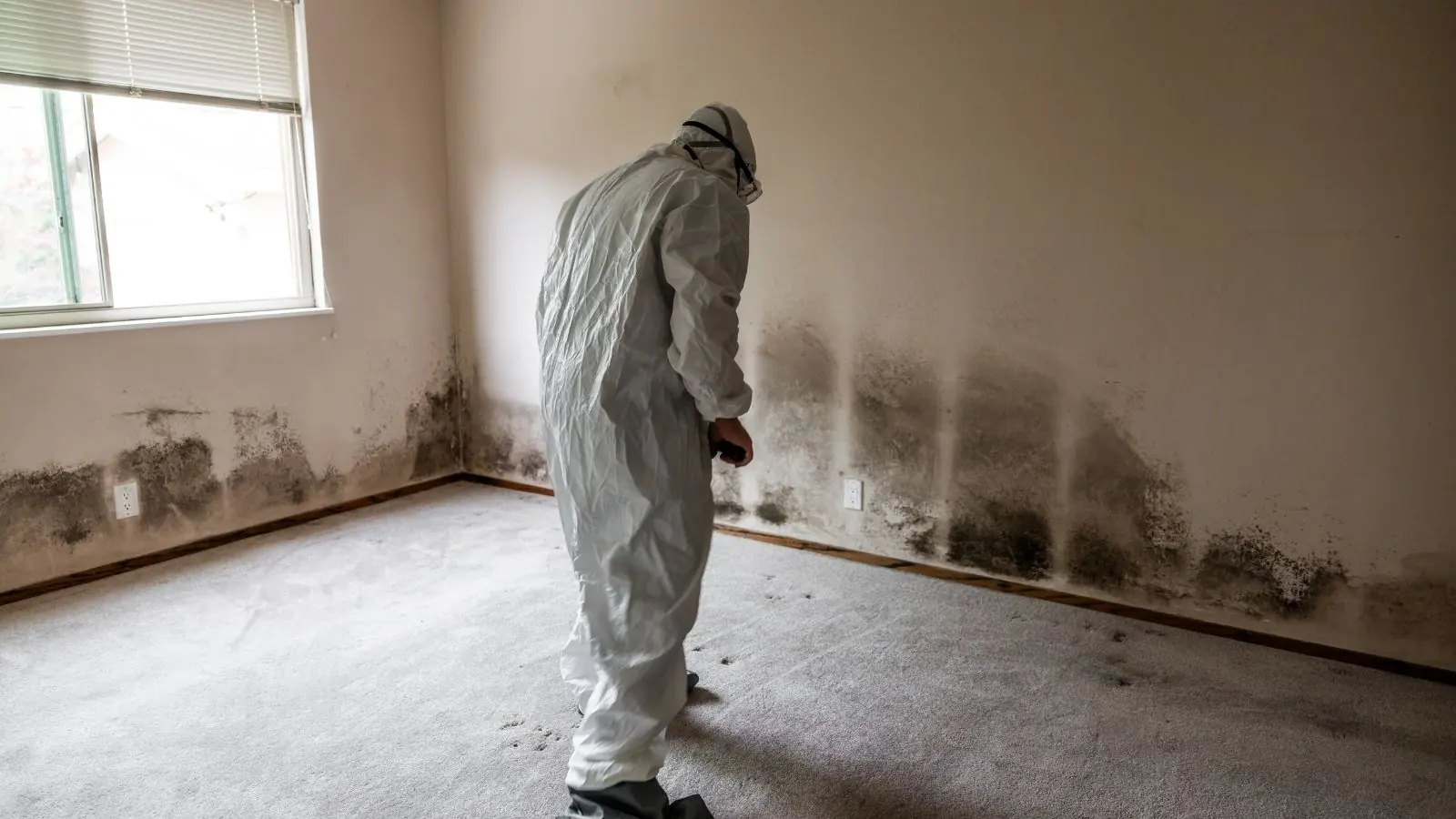 Worker in a protective suit inspecting mold along the lower wall of a room