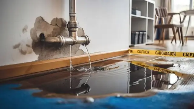 Burst pipe spraying water onto a floor with caution tape around the spill