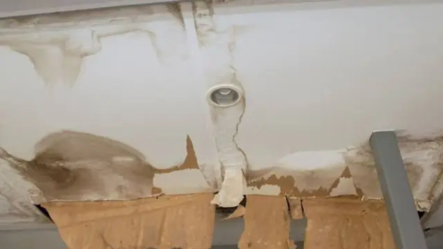 Water-stained ceiling with peeling paint around a light fixture