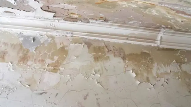 Wall with peeling paint and water staining along the baseboard