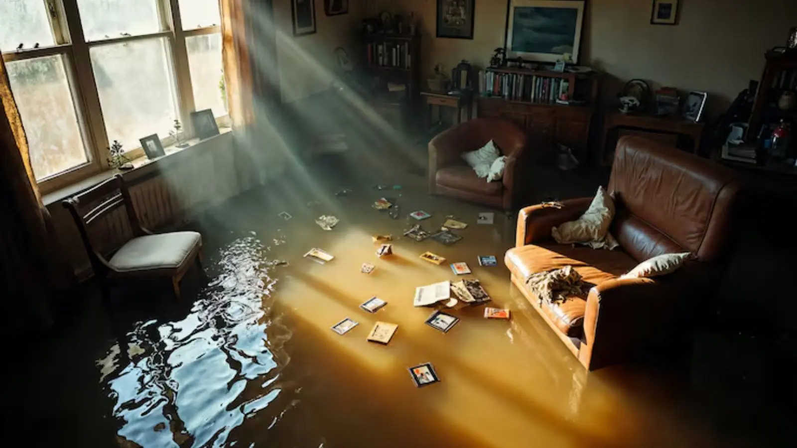 Flooded living room with sunlight through the windows and furniture standing in water